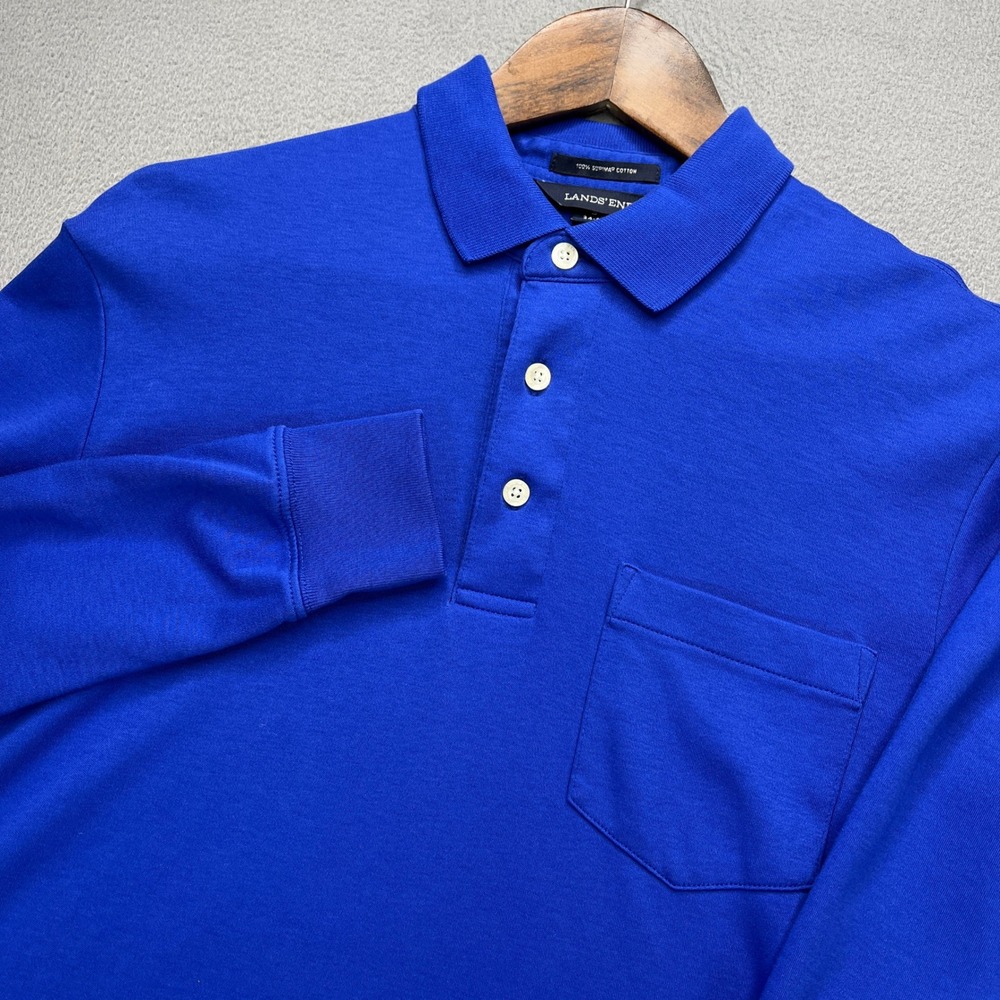 Lands End Supima Cotton Polo Shirt Mens M Blue Long Sleeve Pocket Casual Classic